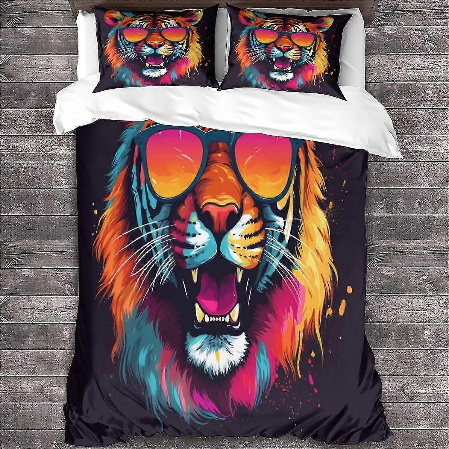 J2112 Lakan Tiger Sängkläder Täcke Täcke Set 3D Färgglada Djur Påslakan 3 Piece Quilt Cover med Örngott med Dragkedja Stängning Soft Micr