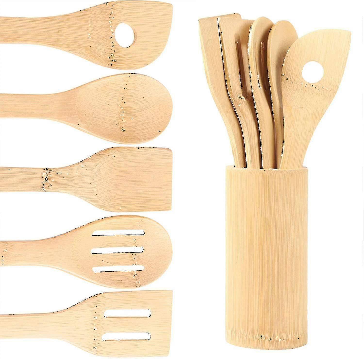 Kitchen Cooking Bamboo Utensils Set,6 Pcs Wooden Spoons And Spatula Kitchen Cooking Tools For Nonstick Cookware And Work