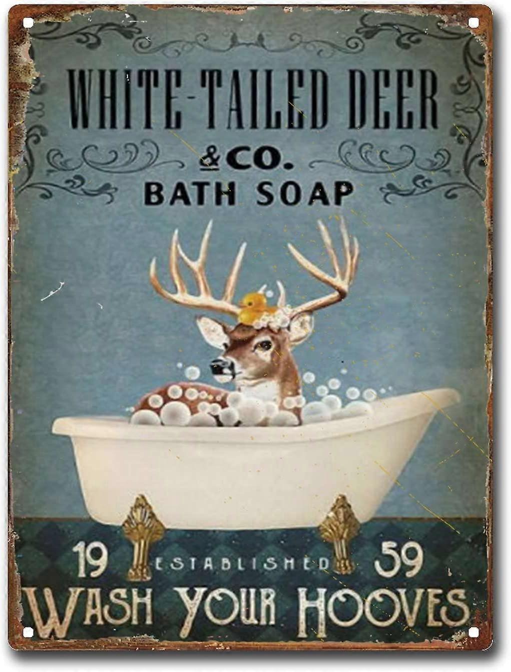 שלט פח לבן זנב צבי עיצוב חדר אמבטיה צבי סבון אמבטיה מתכת מצחיקה שלט פח קישוט קיר 8x12 אינץ '