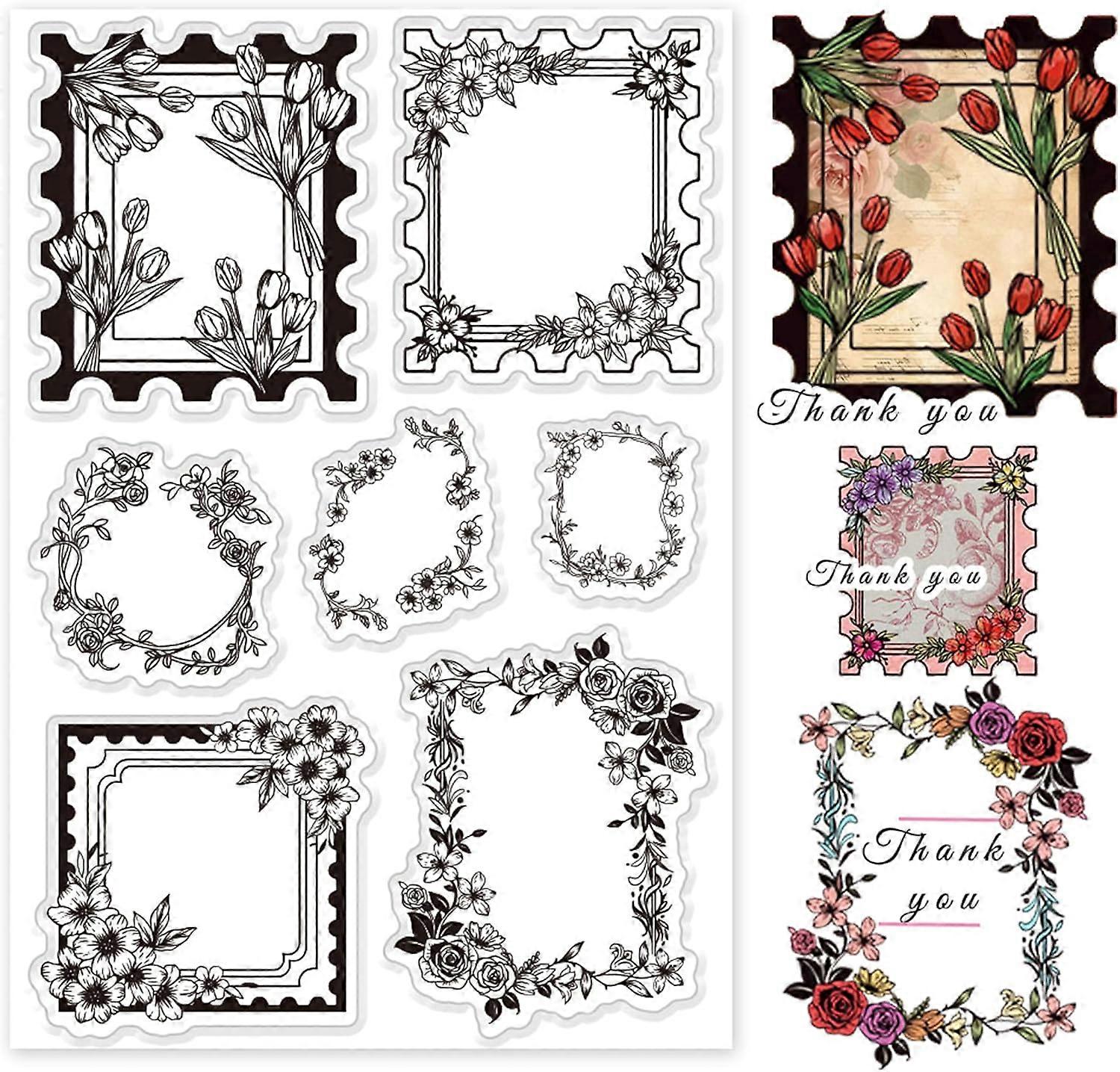 Label Frame Clear Rubber Stamp Clear Stamps Flower Frame Stamps Paper Craft Stamp Floral Clear Stamps Transparent Seal Stamps for DIY Scrapbooking Alb