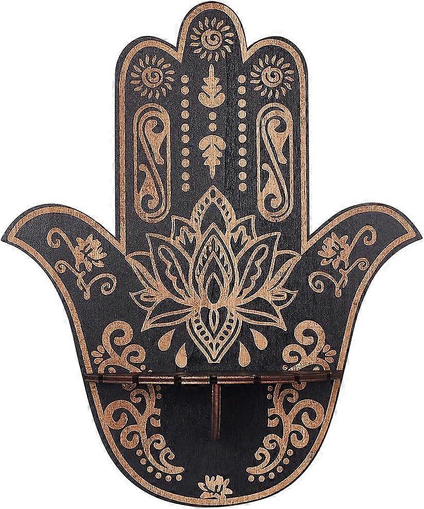 Hamsa Crystal Display Shelf Hamsa Hand Wooden Wall Decor Crystal Holder Shelves Lotus Wall Mounted Floating Shelf Stand for Witch Stuff Altar Supplies