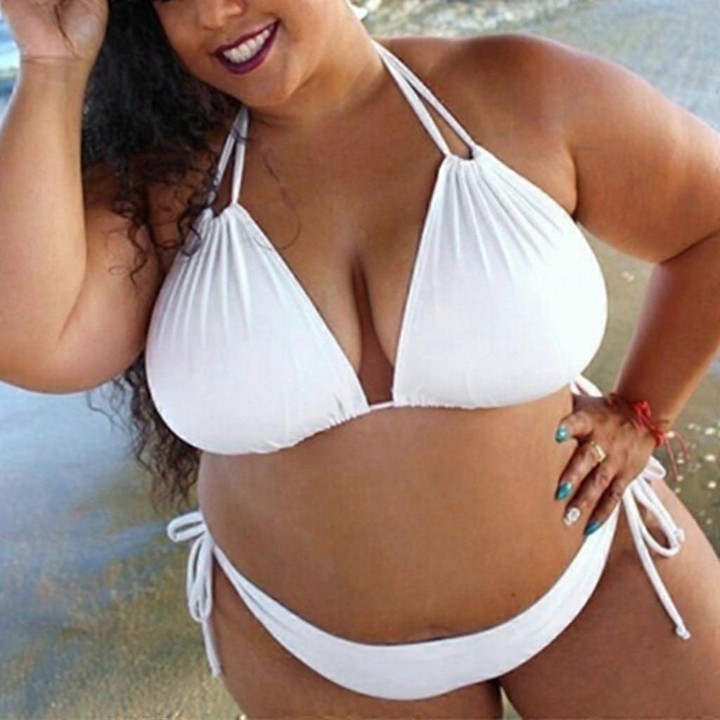 Sexet Plus Size Badedragt Bikini Sæt Kvinder Helfarve Snøring Halter Badedragt Bikinier Ensfarvet Sort Hvid Vinrød Badetøj