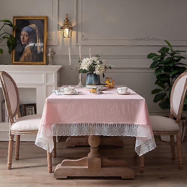 Solid Color Lace Edge Table Cover French Retro Style Cotton Tablecloth For Kitchen Dining Room Party Holiday Tabletop Decoration