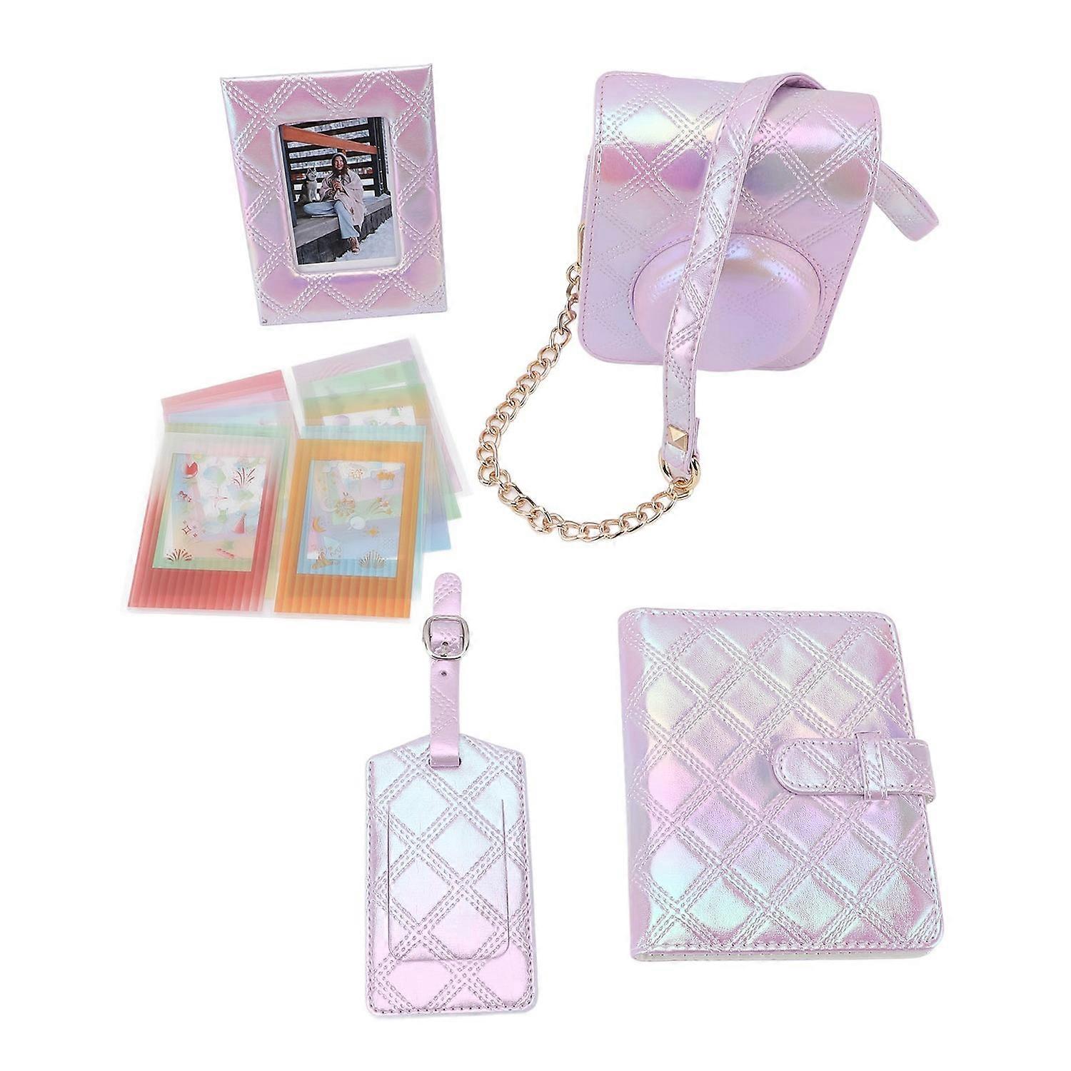 Protective Case Square Plaid Embroidery Thread PU Leather Bag with Photo Album Photo Frame Boarding