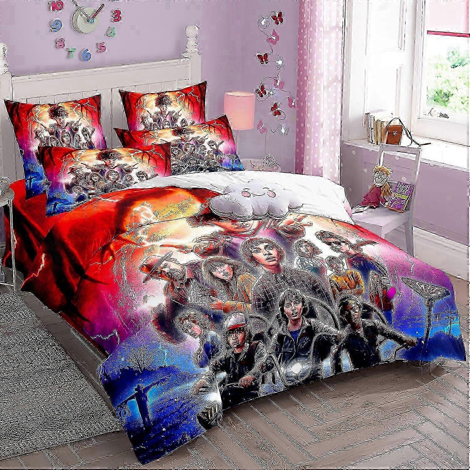 v5 Lençóis Stranger Things conjunto de três peças de cama impresso em 3D, leve e confortável capa de edredom fronha de cama (1 Capa de Edredom e 2