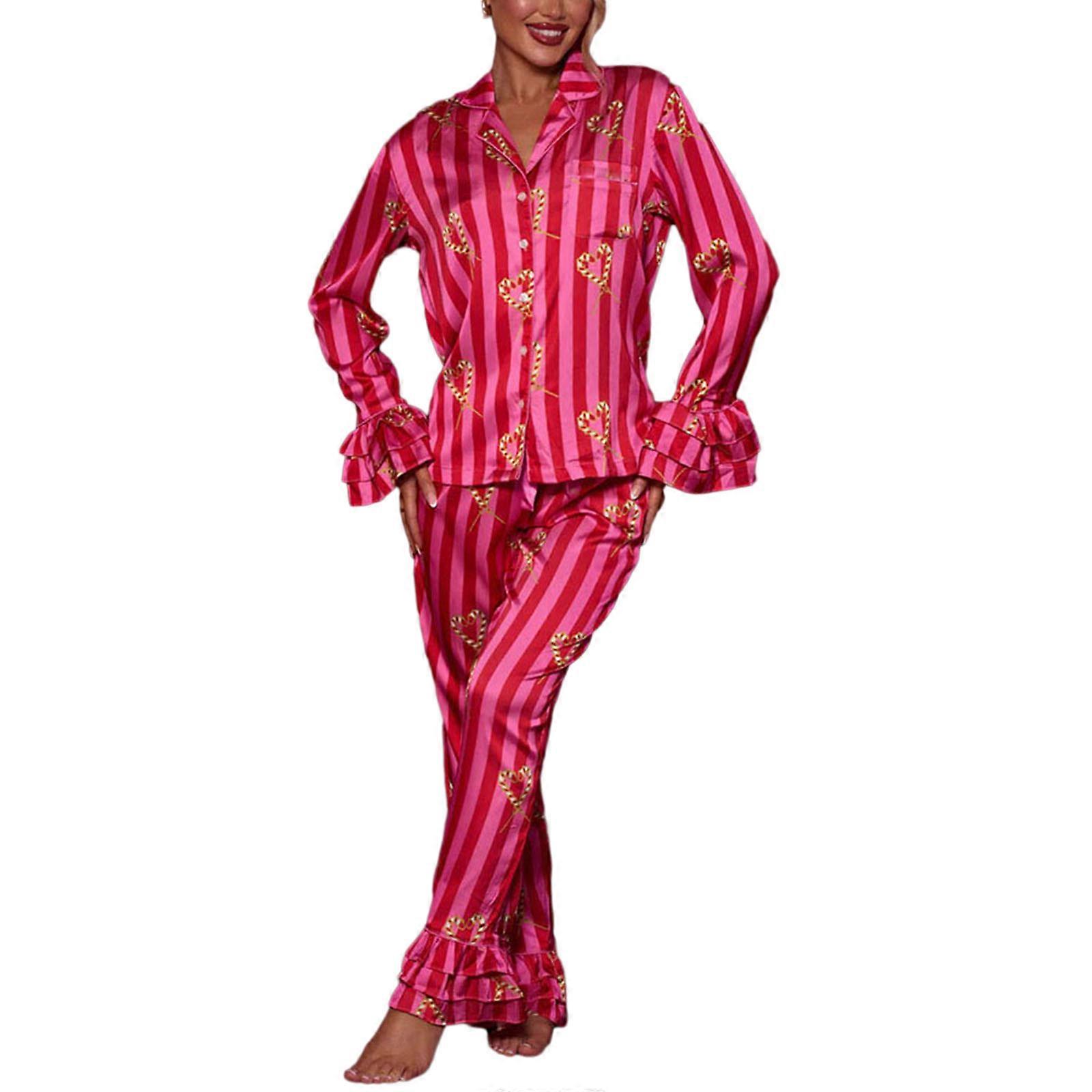 Pigiama a righe da donna con motivo a cuore Set 2 pezzi pigiami a maniche lunghe arruffato Camicia con colletto a bavero Button Down e pantaloni rosa rosso XL