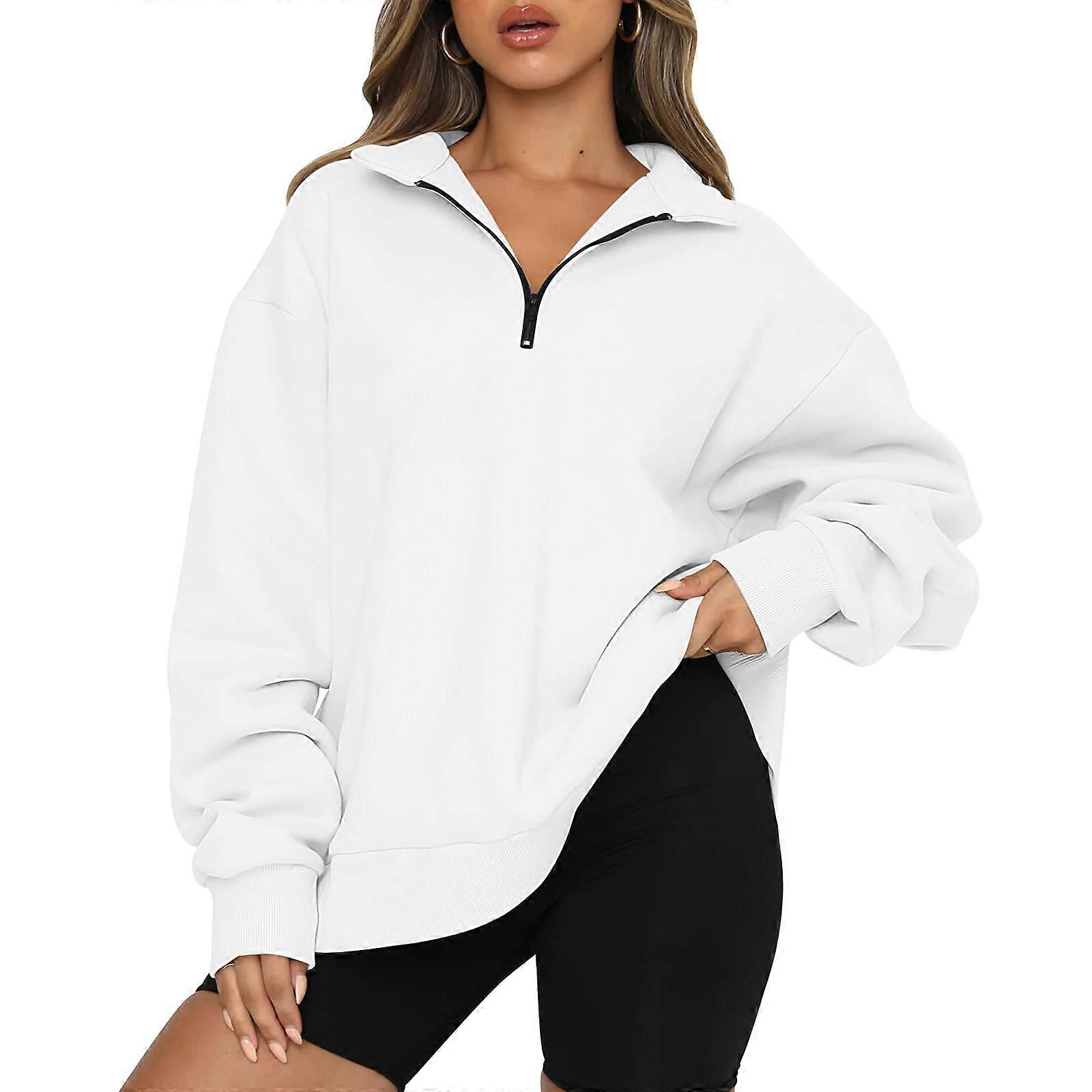 Femmes Casual À Manches Longues Sweatshirt Couleur Unie Demi Zip Épaule Goutte Quart 1/4 Fermeture Éclair Pull Surdimensionnée Tunique Haut Blanc XL