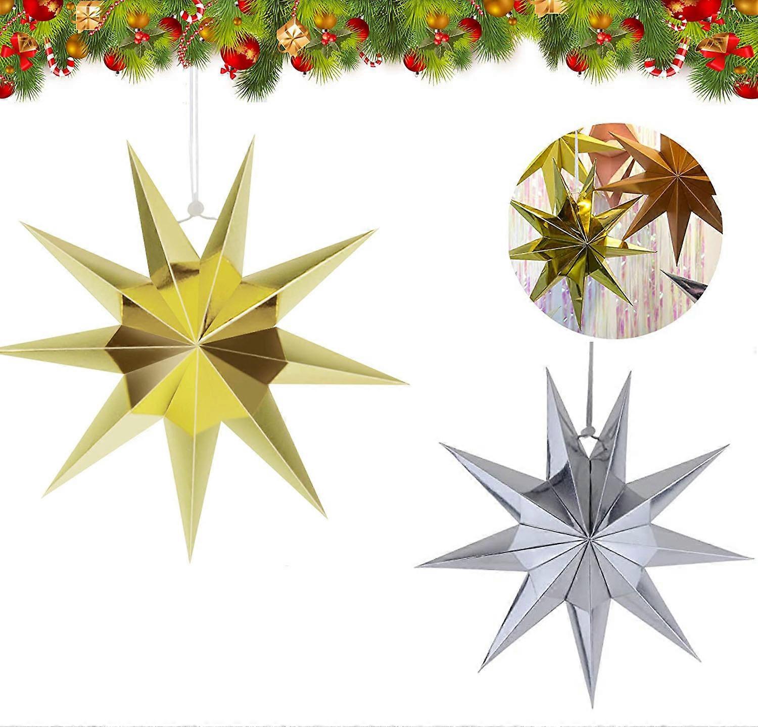 Handcrafted Decorative Lights, Set Of 2 Silver Hollow Star Patterns, Thick Cardboard Construction For Durable Use, Foldable Star Paper Lanterns With