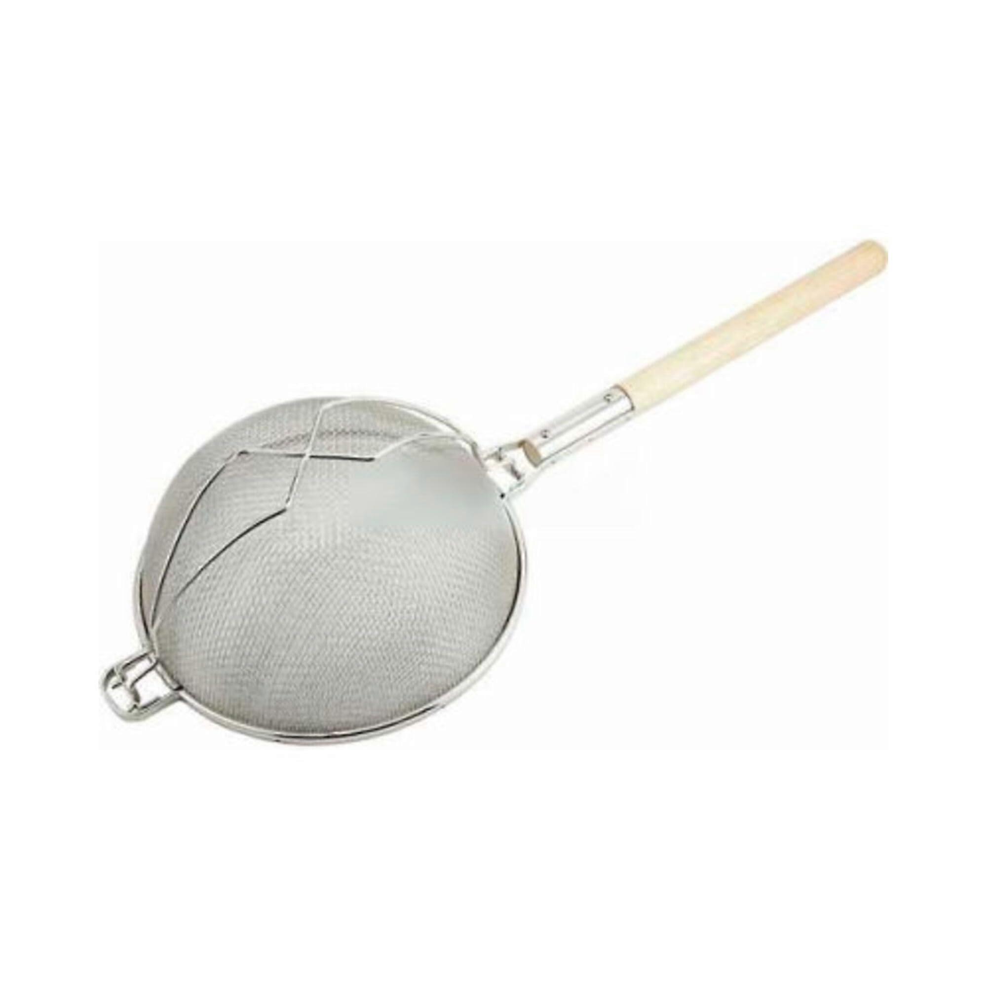 Reinforced Double Mesh Strainer for Kitchen Use 14-Inch Diameter Nickel Tan Medium