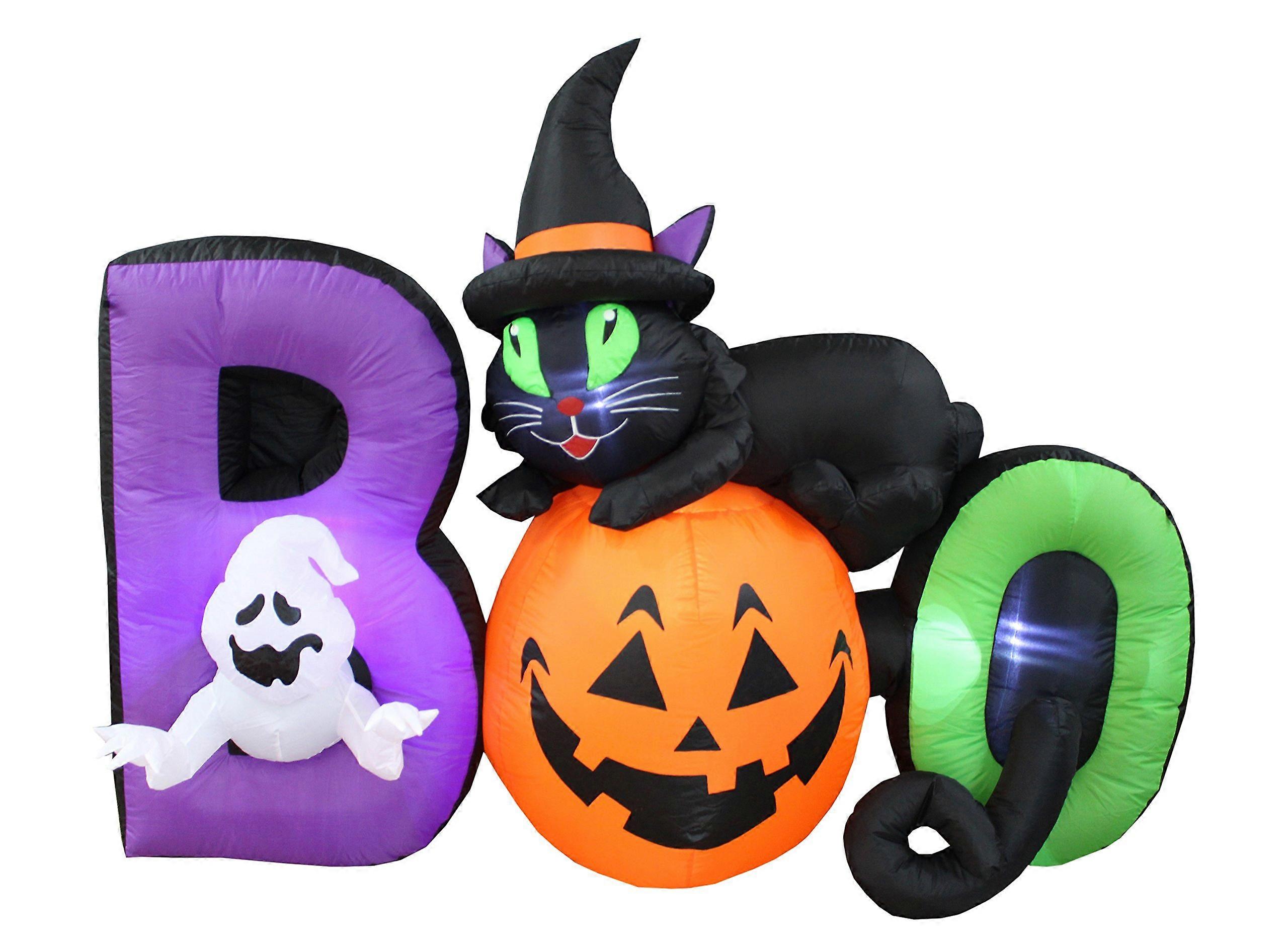 1 oppblåsbar dekorasjon med LED-lys for utendørs halloween svart katt spøkelse gresskar boo 6 fot lang