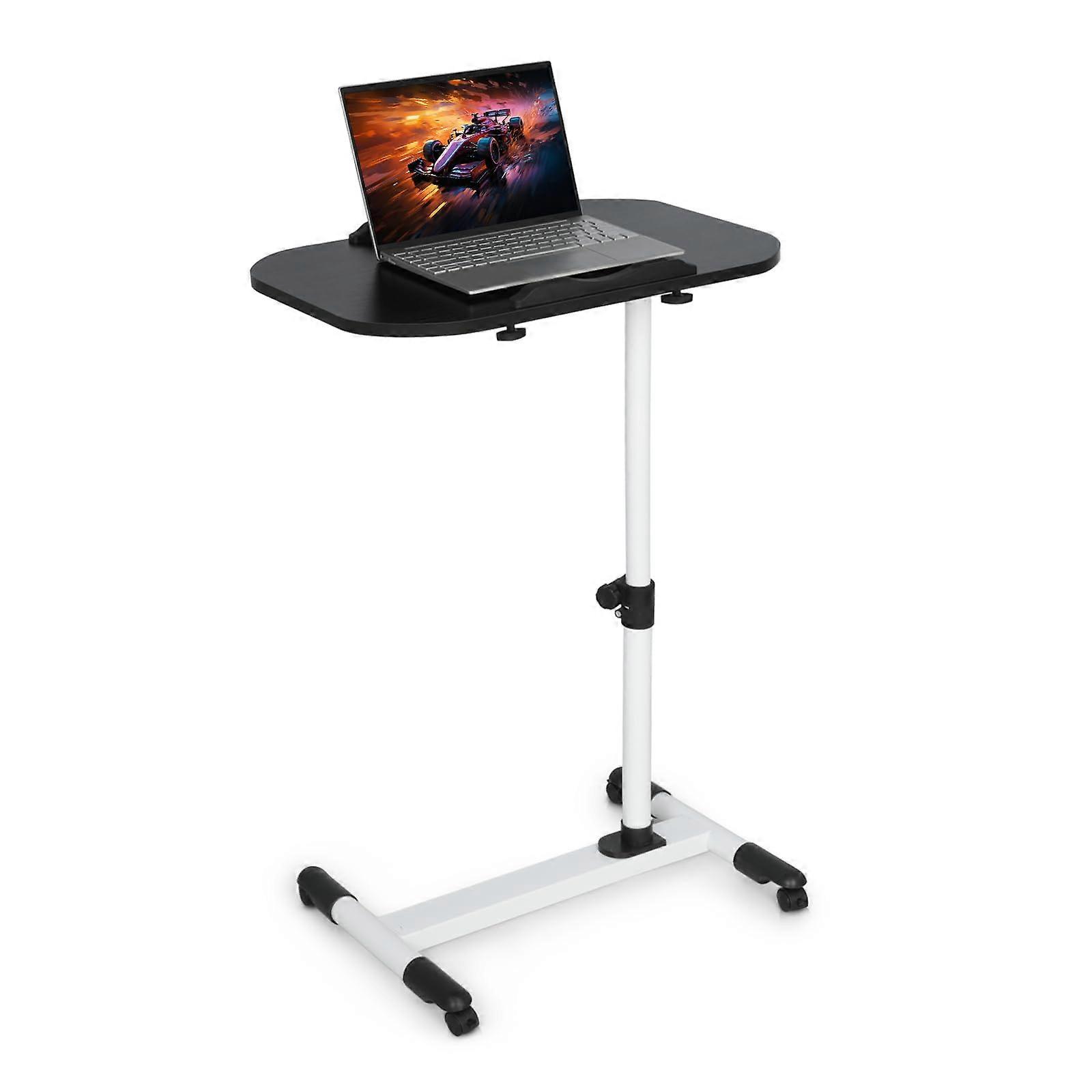 Small Mobile Standing Desk with Adjustable Height, White Overbed Table with 360° Rolling Casters for Home Office and School