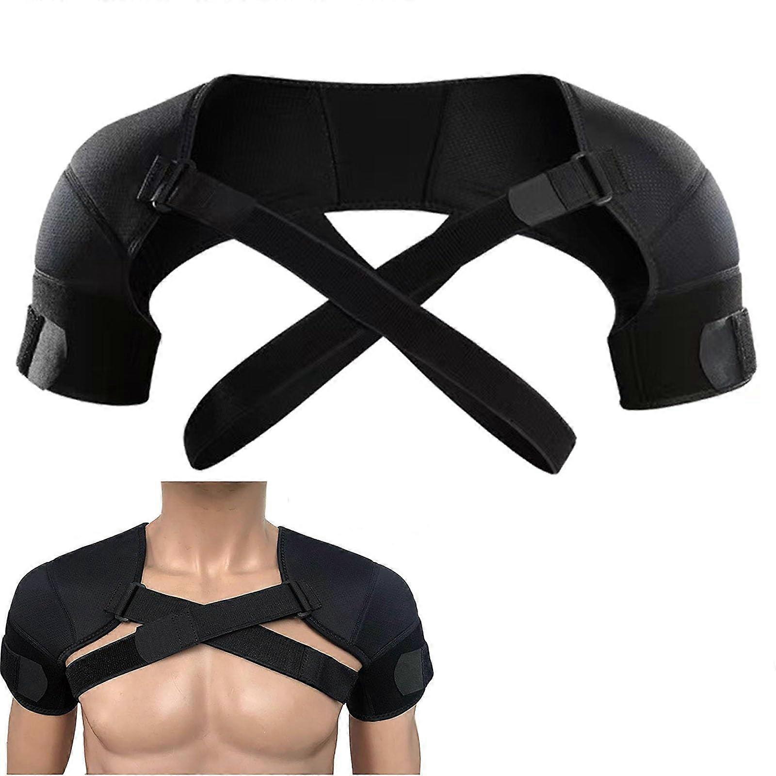Adjustable Double Compression Shoulder Support Brace, Double Bandage Straps Crossover Wrap for Rotator Cuff Pain Relief