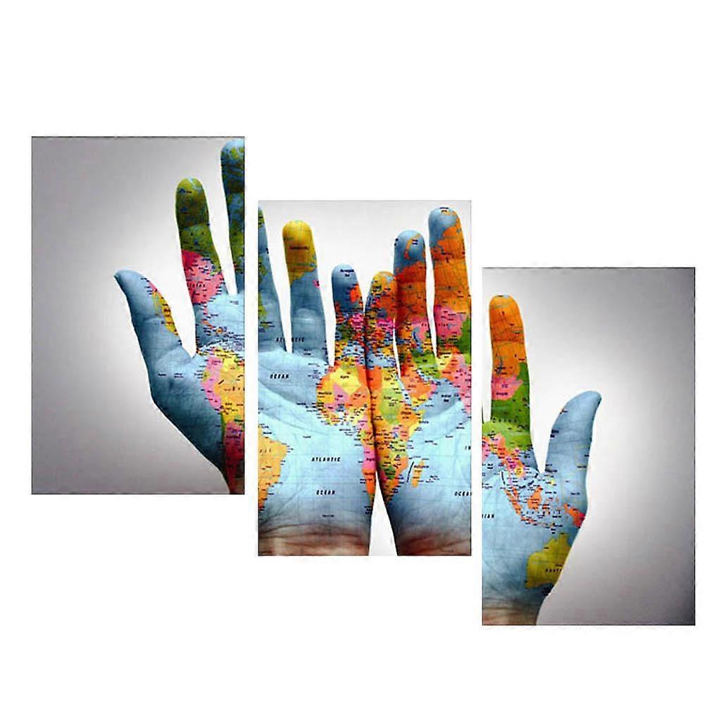 3 Panel World Map on A Pair of Hands Canvas Painting Wall Art for Home Decor