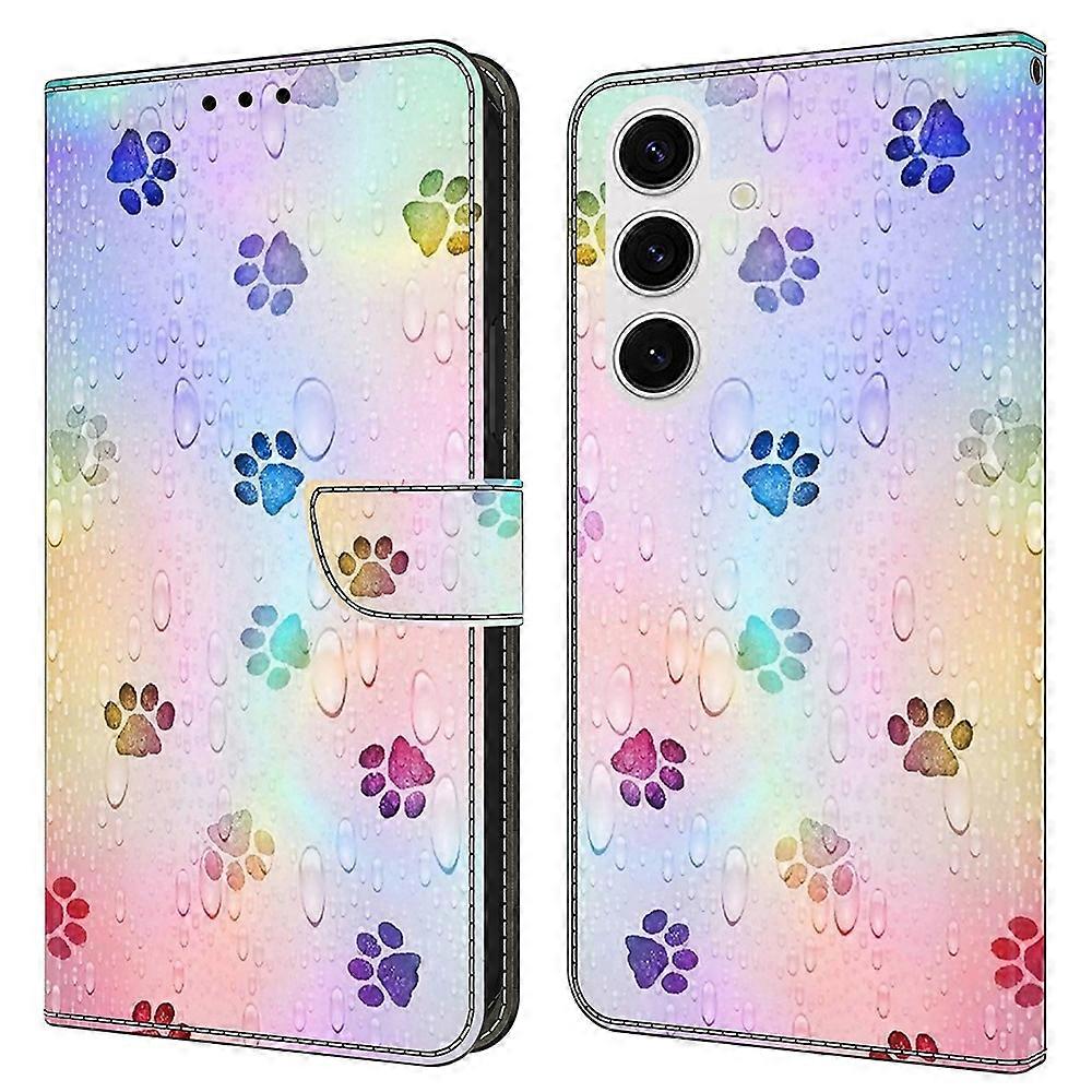 For Samsung Galaxy S25 Leather Case Pattern Printing Wallet Stand Flip Phone Cover - Cat Footprints