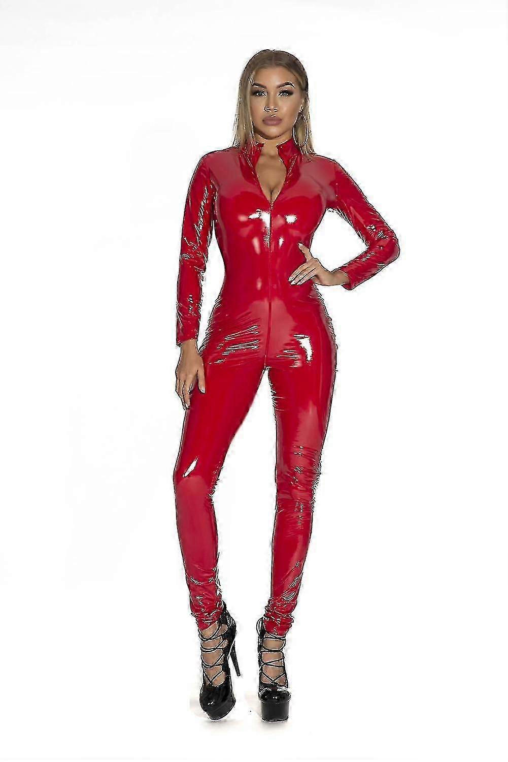 Plus Size Women Sexy Latex Catsuit Black Wetlook Full Bodysuit S-5xl