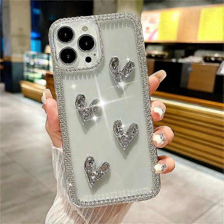 Compatible For iPhone 16 Pro Case Rhinestone Edge Electroplating Heart Shape Decor Soft TPU Phone Back Cover