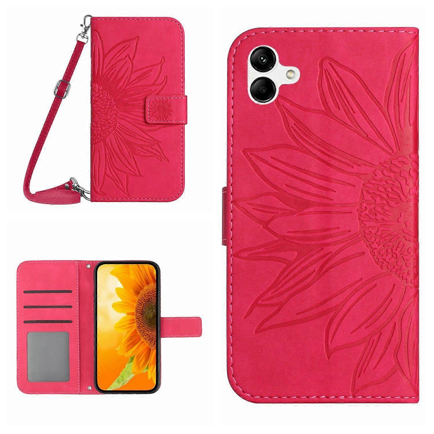 HT04 For Samsung Galaxy A05 4G Leather Case Sunflower Imprint Phone Wallet Shell with Long Strap