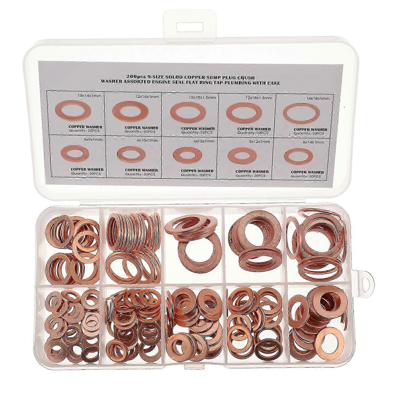 200pcs Copper Washer Flat Ring Copper Sealing Washers Flat Ring Seal Gasket