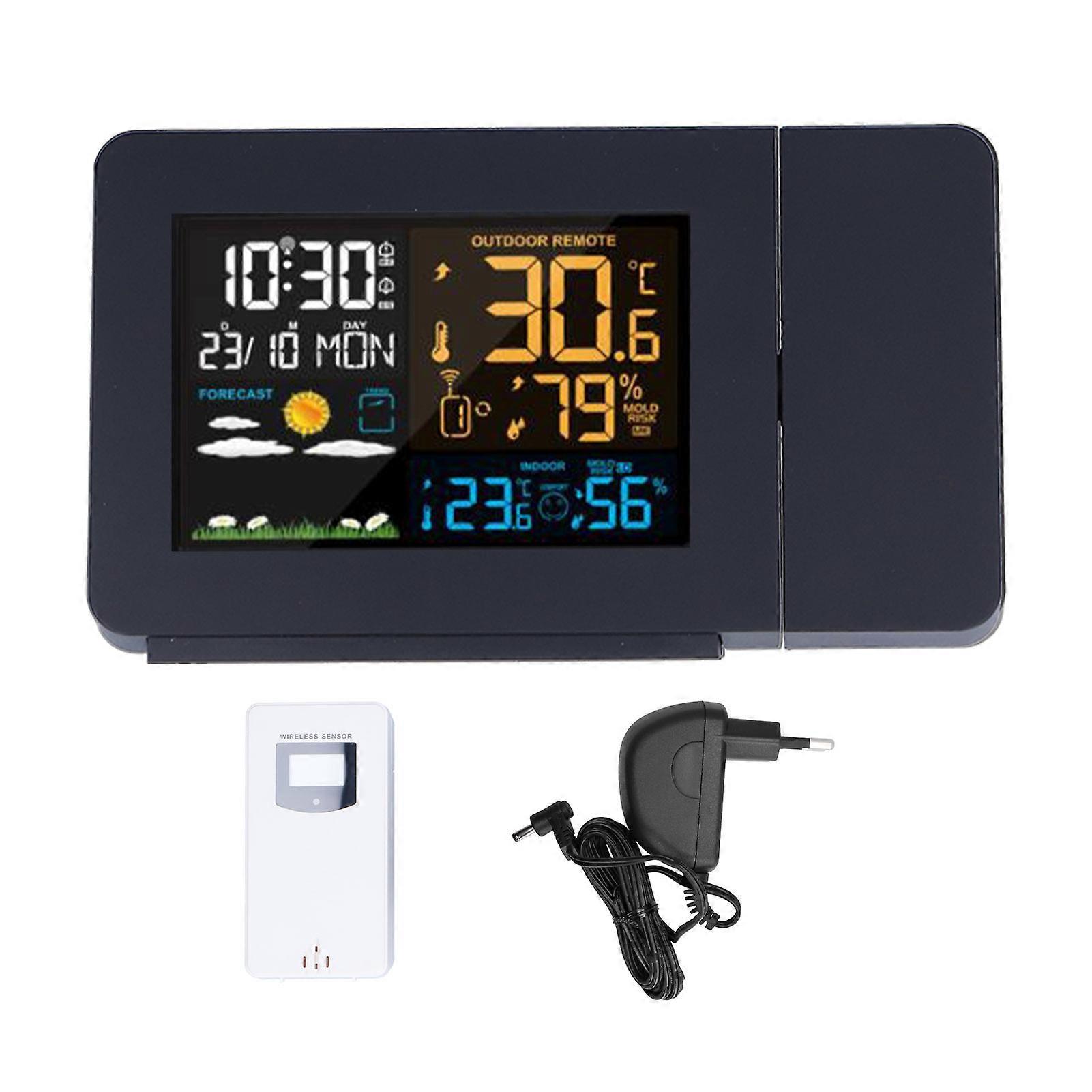 Multifunctional Weather Clock Projected Color Screen Black Portable Humidity Thermometer