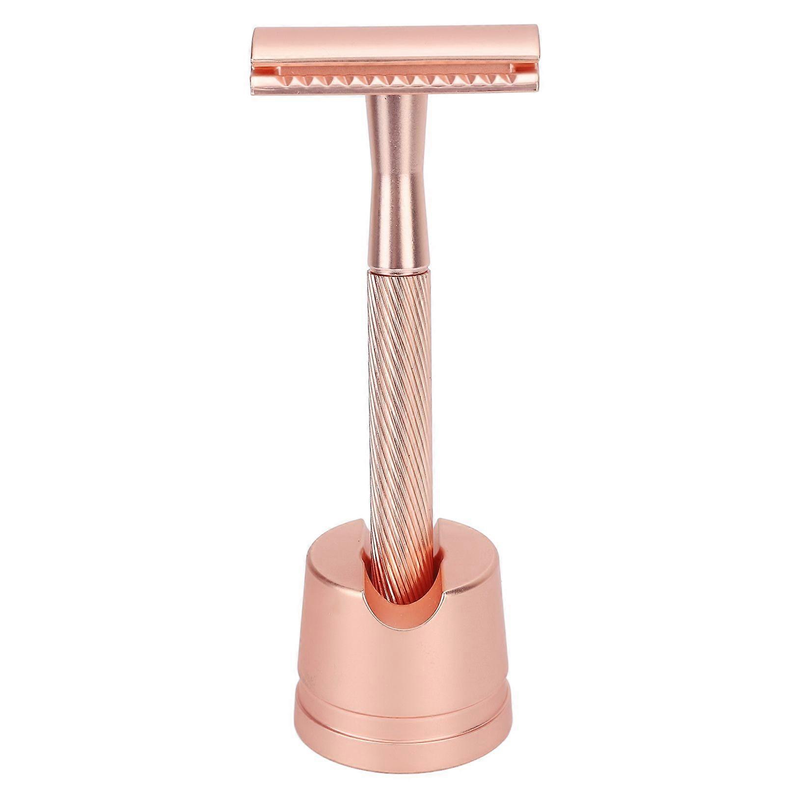 Zinc Alloy Safety Razor Men Portable Brass Handle Double Edge Shaving Razor with Base for Face Grooming Copper ColorYMMR)