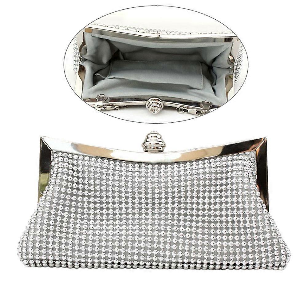 Banquet Handbag Studded with Diamond For Women Cocktail Party Silver Fabric Detachable Chain 1Pcs
