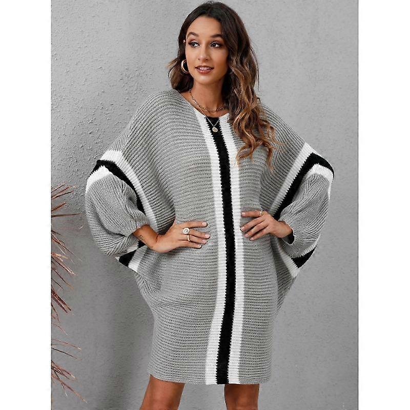 Autumn/Winter Women's Knitted Baggy Bat-sleeve Color Patchwork Sweater Dress