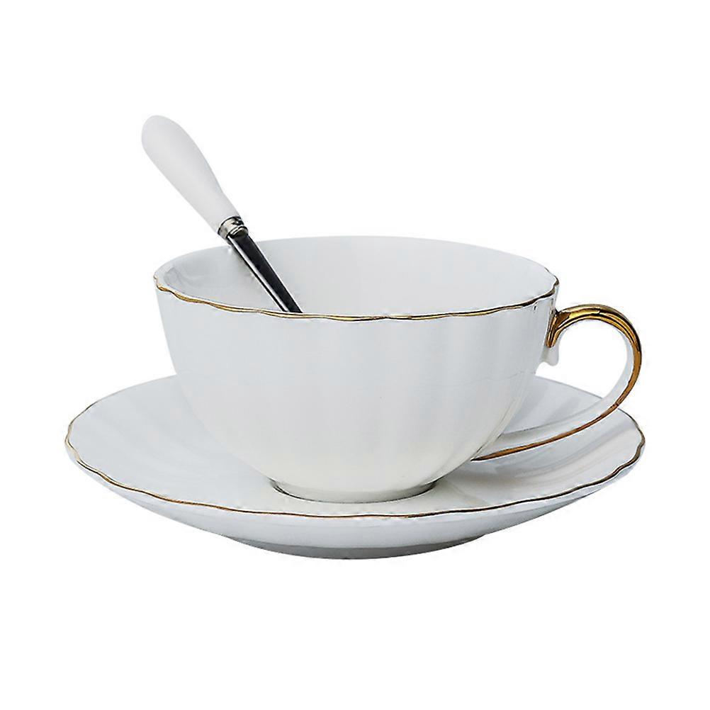 Delicate Ceramic Coffee Mug Set with Saucer and Spoon, Porcelain Tea Cup for Home, Café, and Bakery Use, Smooth Edge Design
