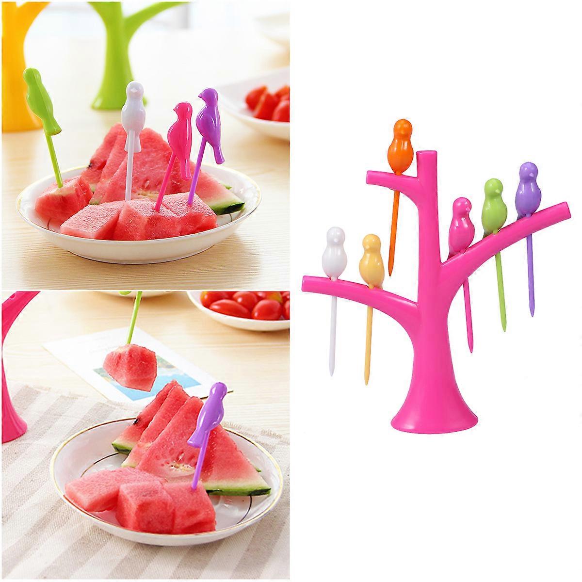 Bird Shaped Fruit Forks Set With Tree Holder For Party Home Decor Rosy Color 6Pcs