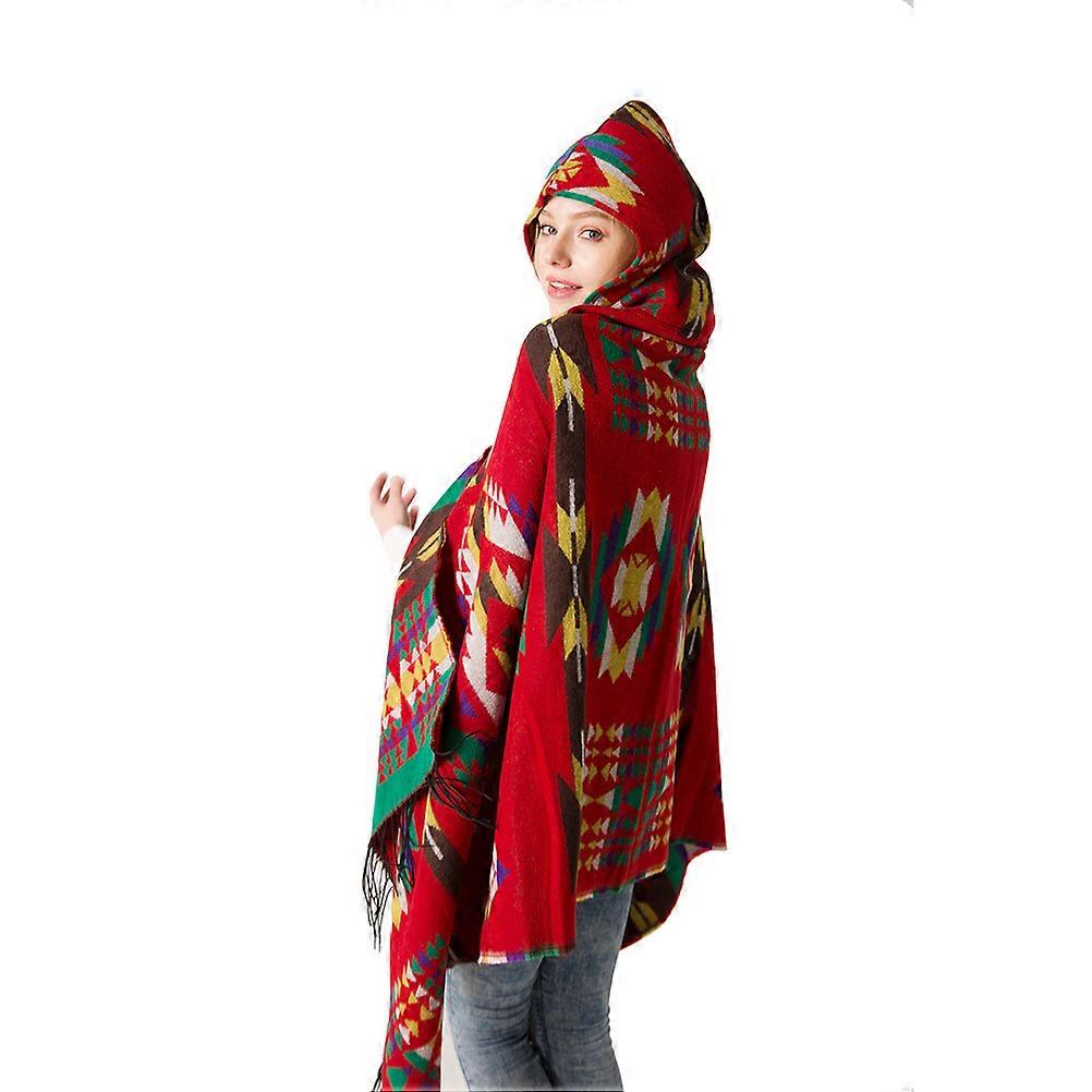 Wide Design Ethnic Style Shawl Cape With Hood For Women Autumn Winter Red Warmth 1Set