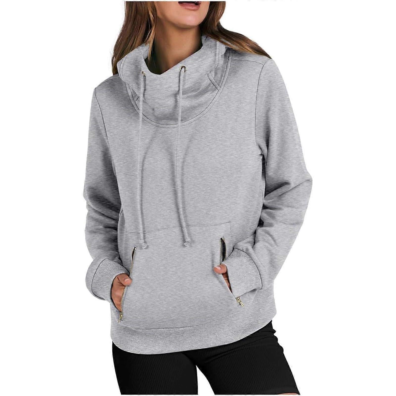 Oversized Hoodie for Women, Long Sleeve Comfortable Sweatshirt, Elegant Basic Winter Pullover with Pockets, Grey, Size L
