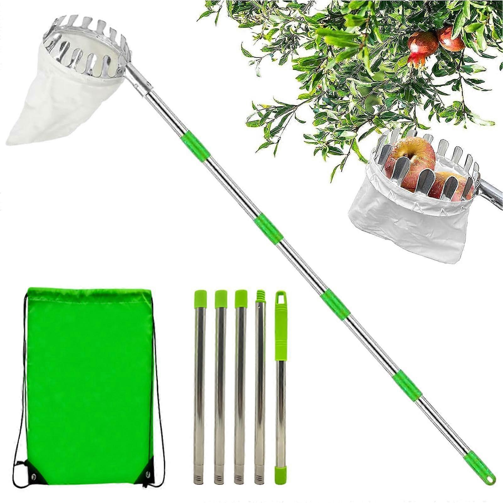Fruit Picker Tool with Basket, Telescopic Stainless Steel Handle, 10 Extension Poles, Portable Apple Picker - 2m Length