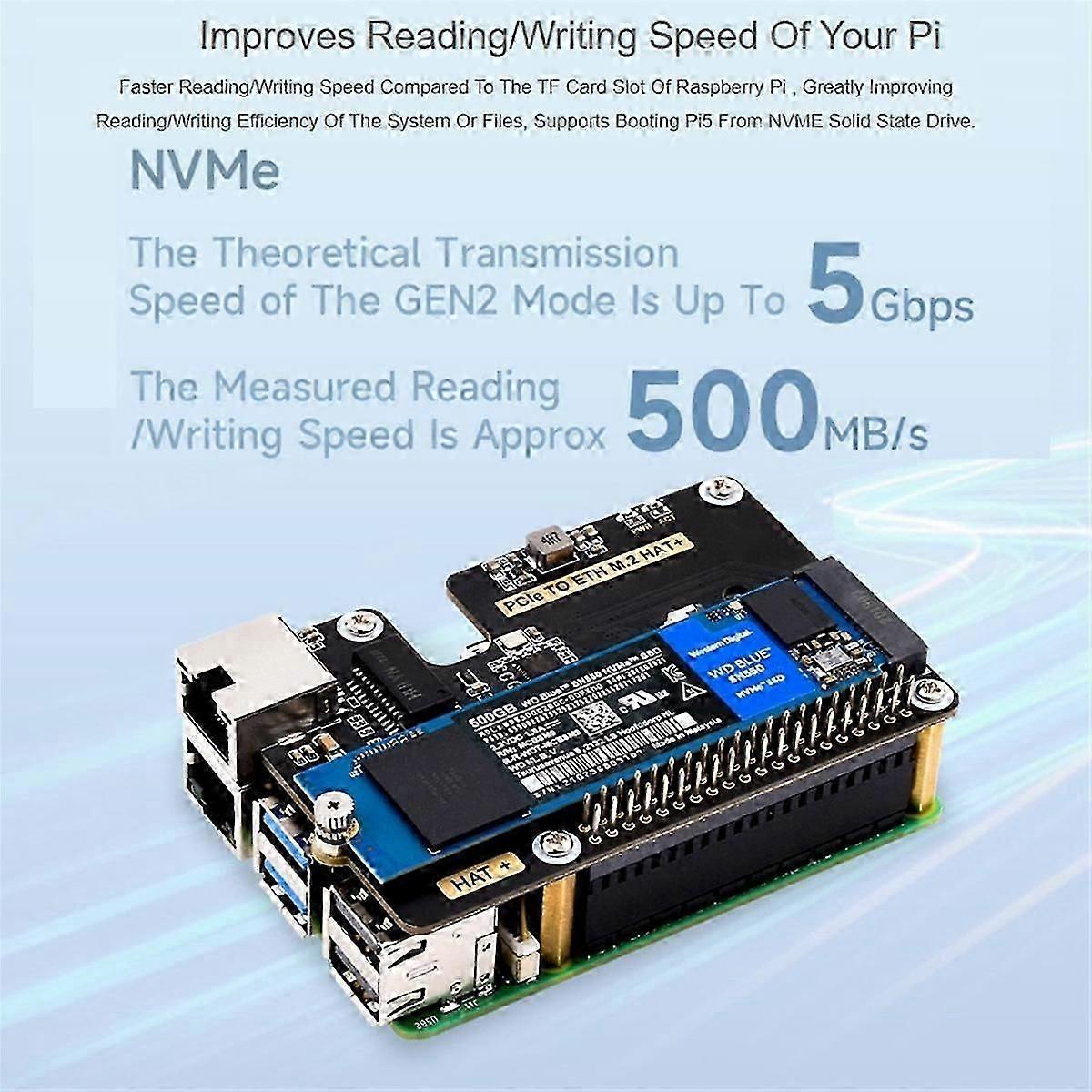 Micro-Snow Berry Pi 5 PCLE to Gigabit Ethernet /M.2 Transfer Board HAT+Standard Antioxidant Sinking