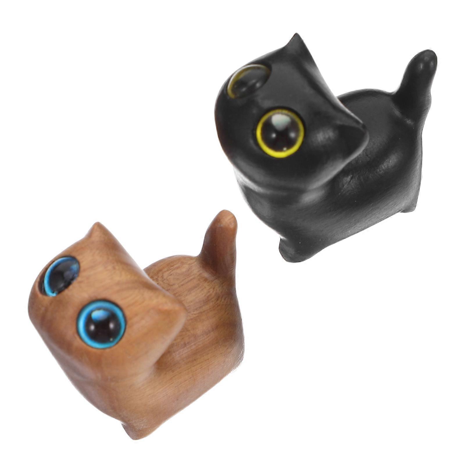 Mini Wooden Cat Figurines Hand Carved for Desk Decor 1Pair Assorted Color