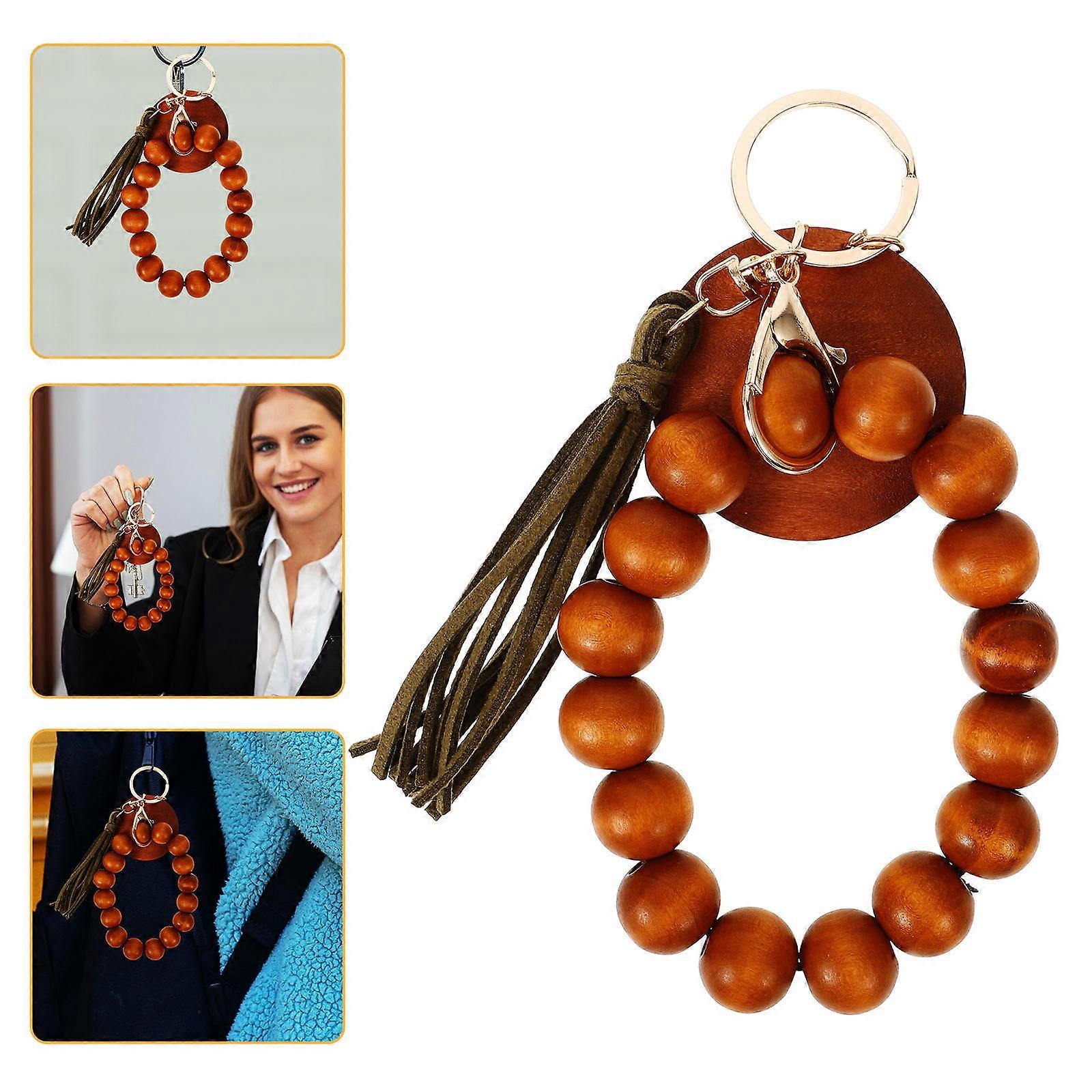 Tassel Key Chain Wooden Beaded Bracelet for Decoration 2Pcs Keyring