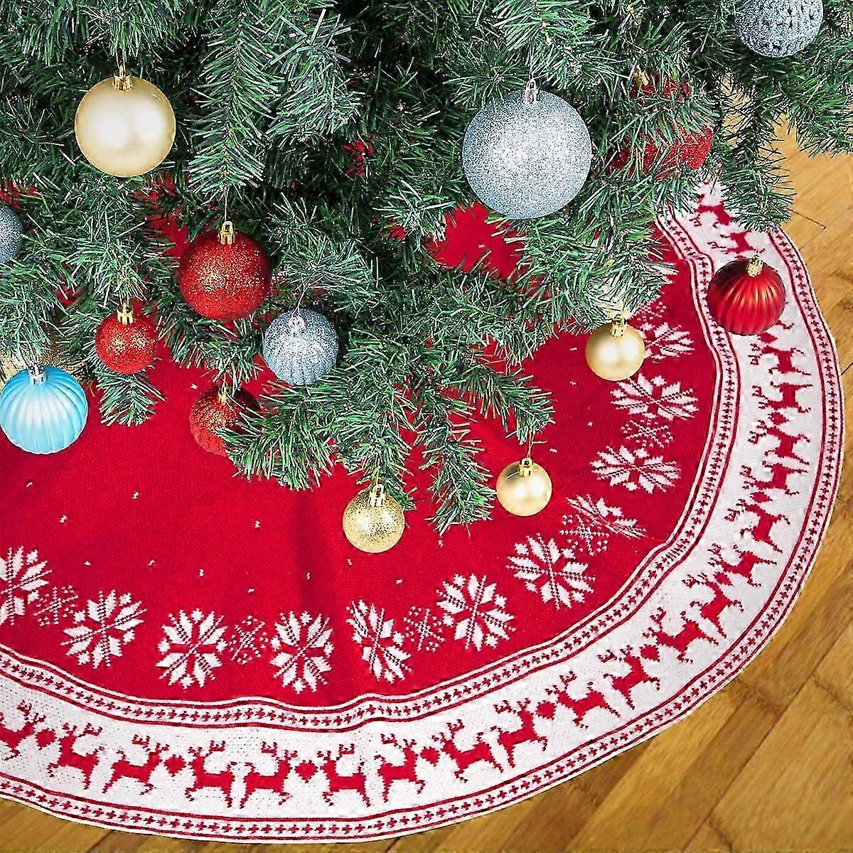 48 Inch Large Snowflake Reindeer Knitted Christmas Tree Skirt, Merry Christmas New Year Holiday Outdoor Indoor Holiday Supermarket Decoration