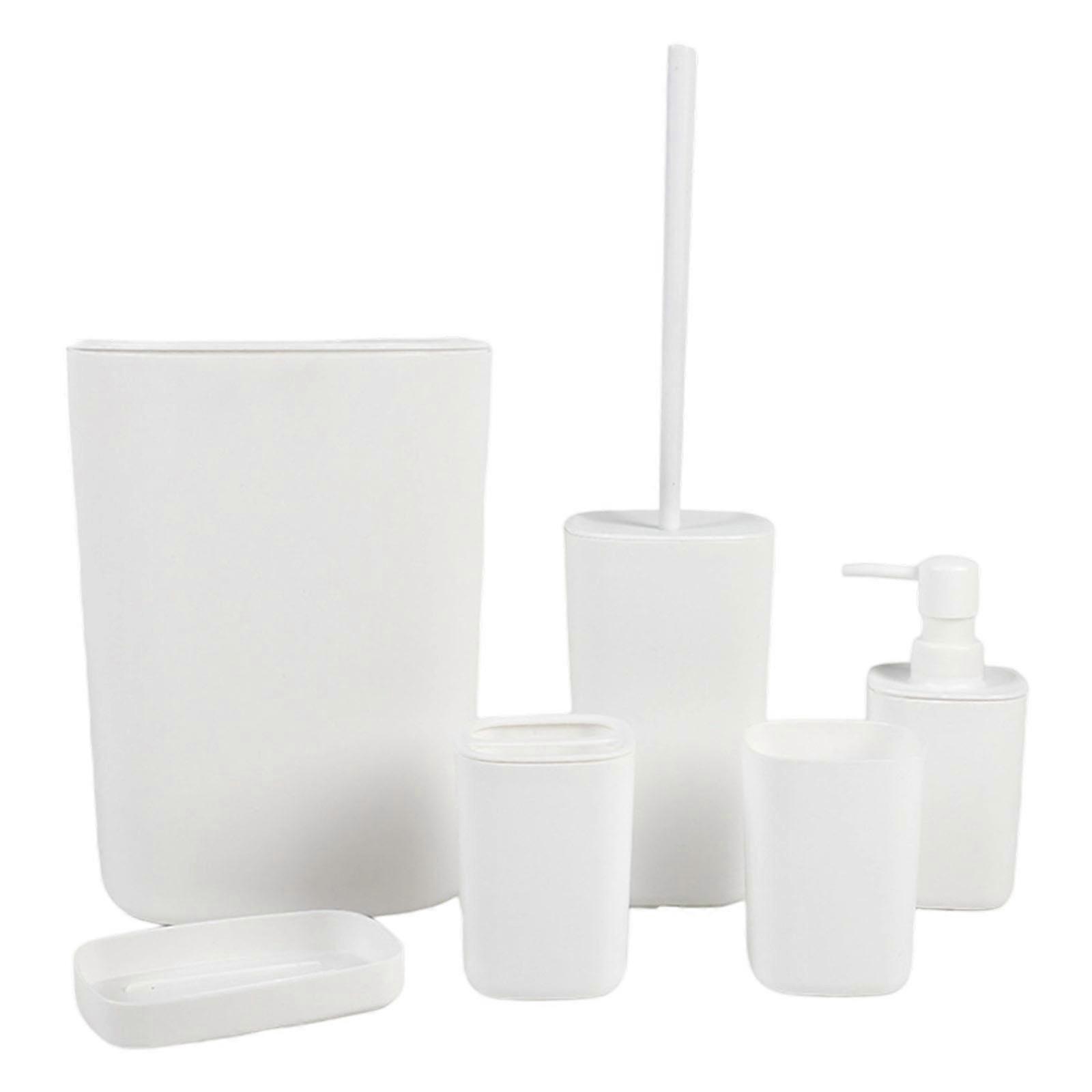 Modern Bathroom Planner 6 Part Set Plastic Toothbrush Cup Owner Trash Container Combination Easy Assembly Plan  White