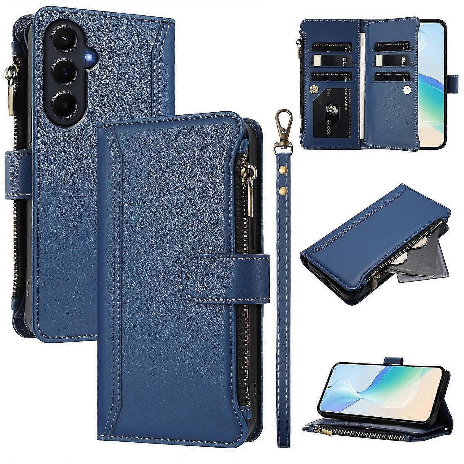 For Samsung Galaxy A55 5G Leather Case 9 Card Slots Zipper Wallet Stand Phone Cover with Wrist Strap