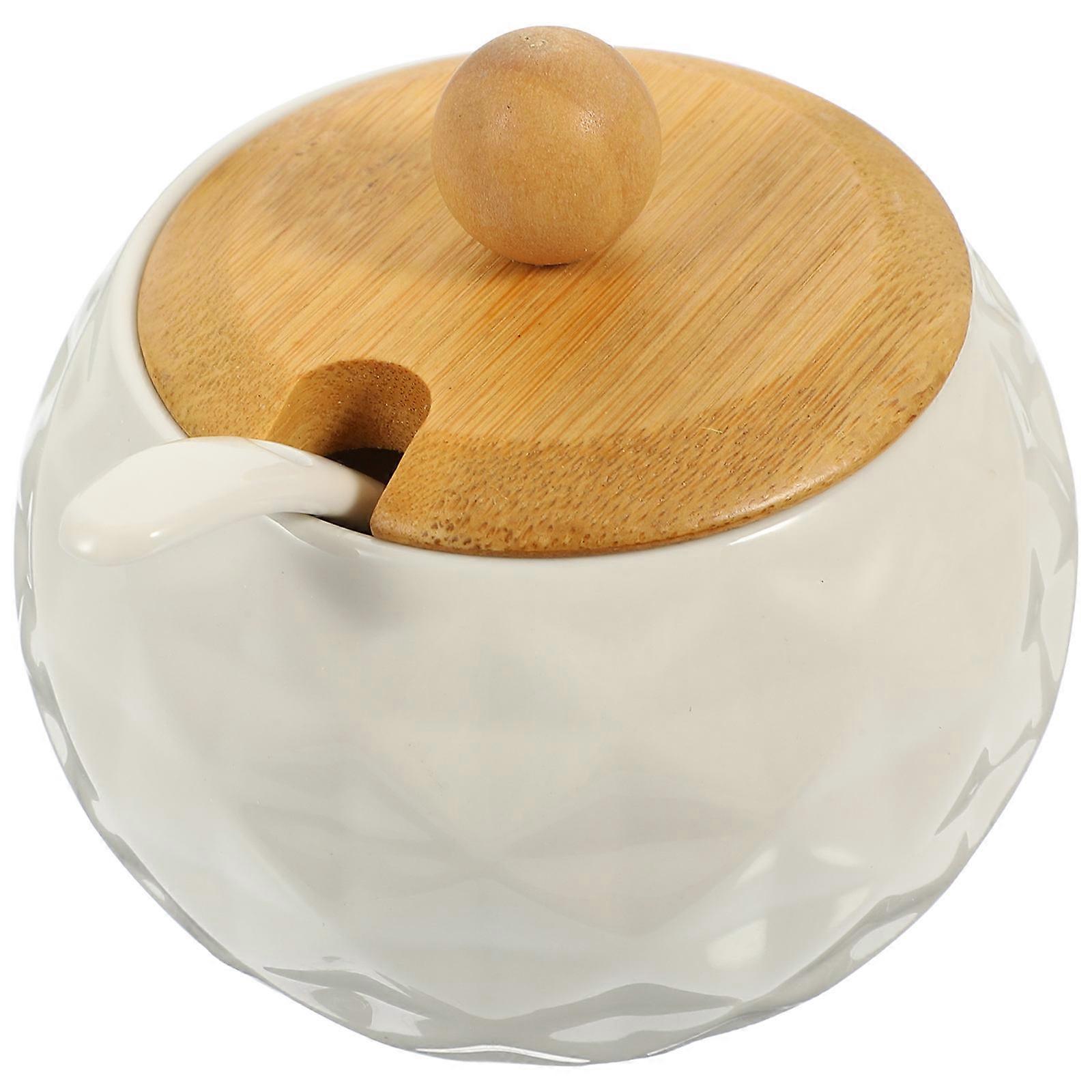 Ceramic Condiment Jar Kitchen Spice Container With Lid And Spoon For Food Preservation 2 Sets White Color Storage