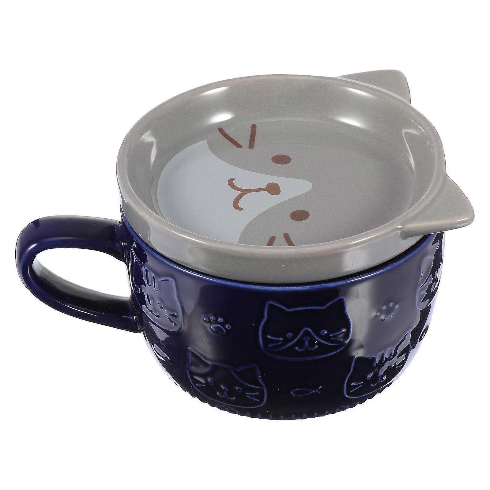 Blue Ceramic Cartoon Cat Mug with Lid for Milk 2Pcs Practical Cups
