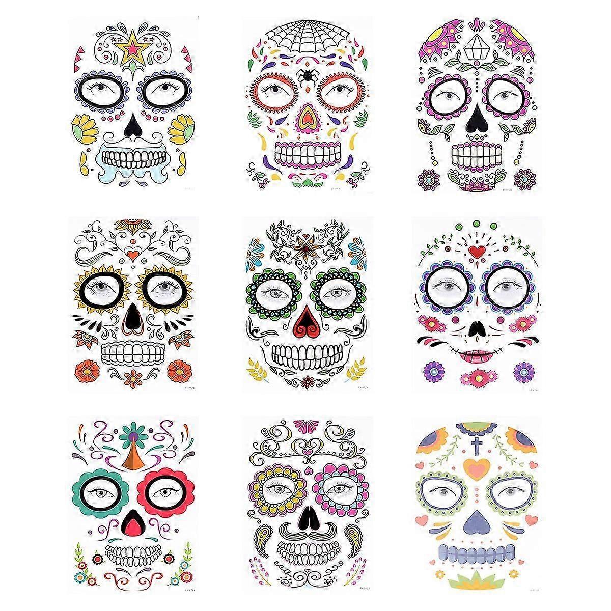 9 Sheets Skull Temporary Face Tattoos Face Stickers for Halloween Party