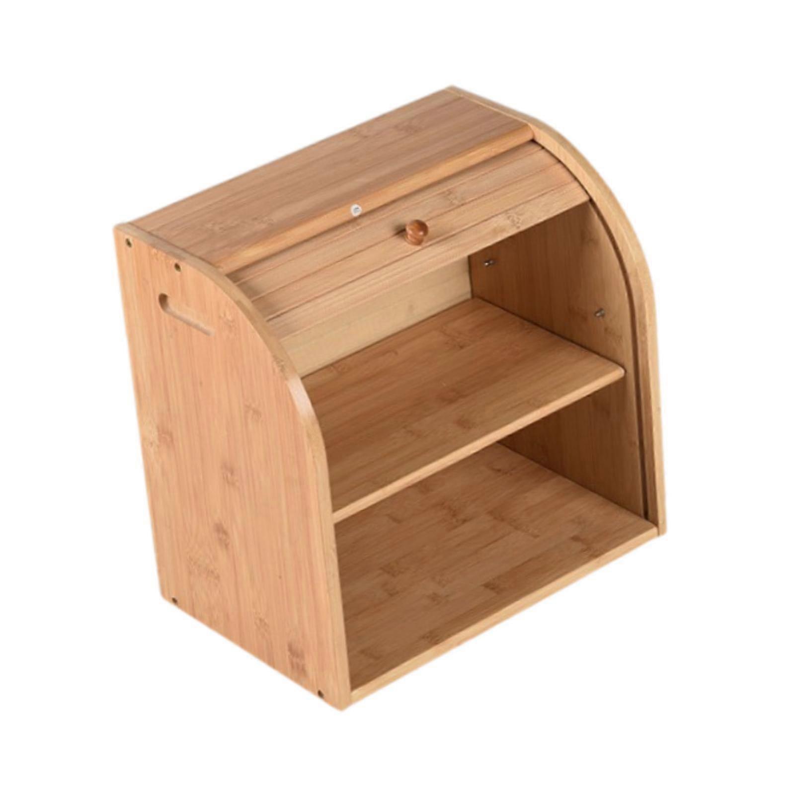 2 Tier Bamboo Bread Box Portable Kitchen Storage Container Bread Container for