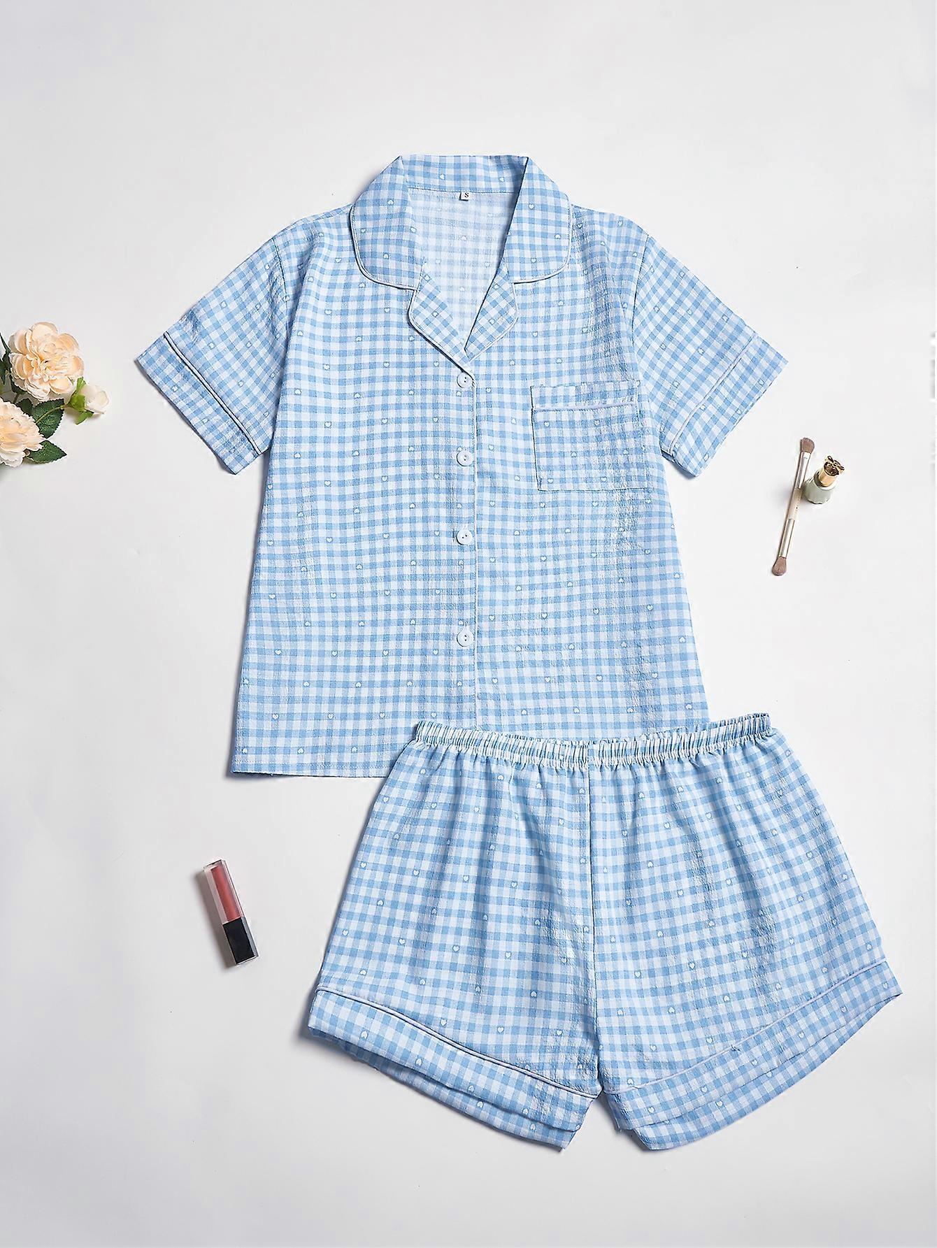 Plaid & Heart Printed Pajama Set,Contrast Color Piping Lapel Collar Button-up Comfortable Leisure Sleepwear