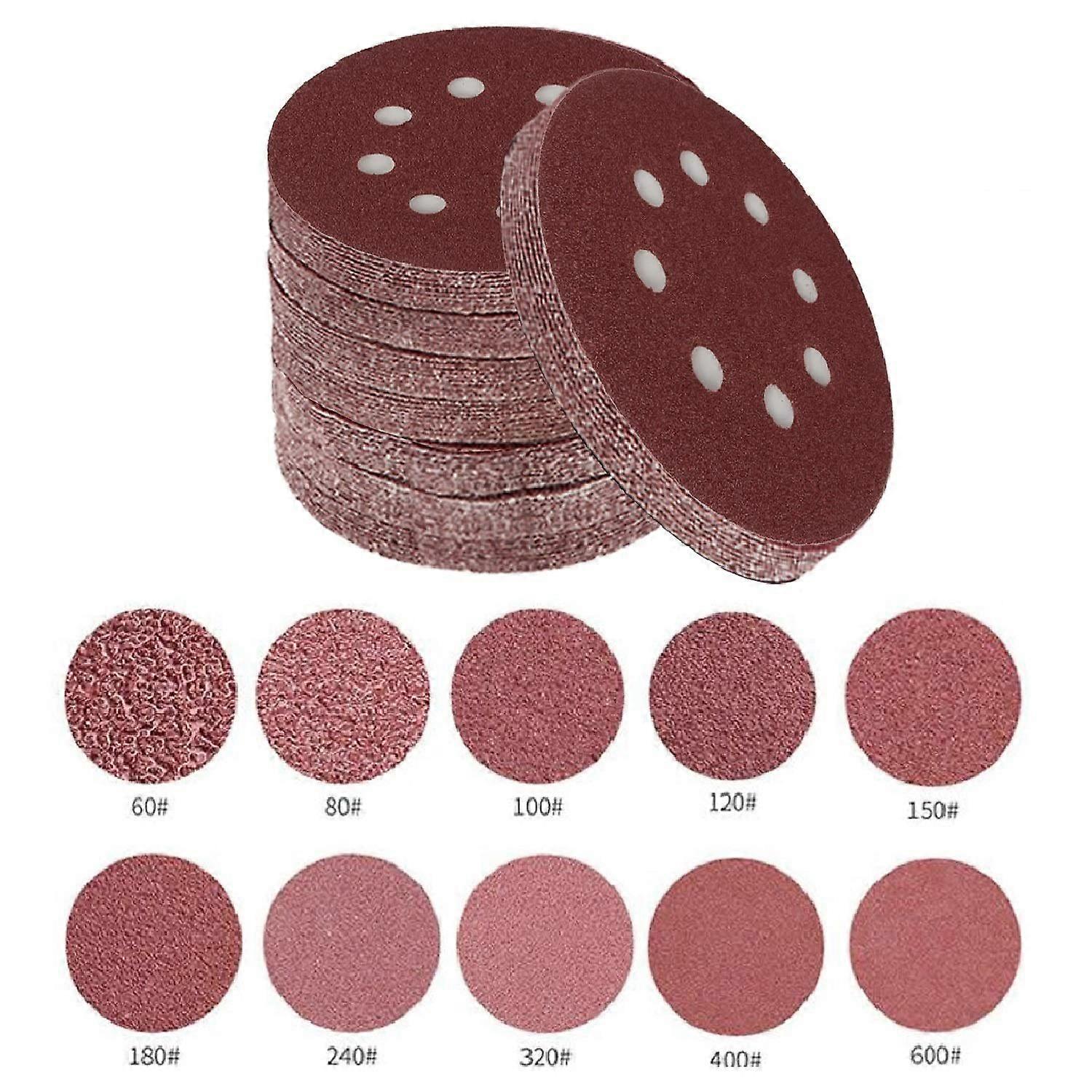 Sandpaper 100 Pieces 5 Inch With 8 Holes Dustless Hook-And-Loop Circular Sanding Discs  From 60 To 6
