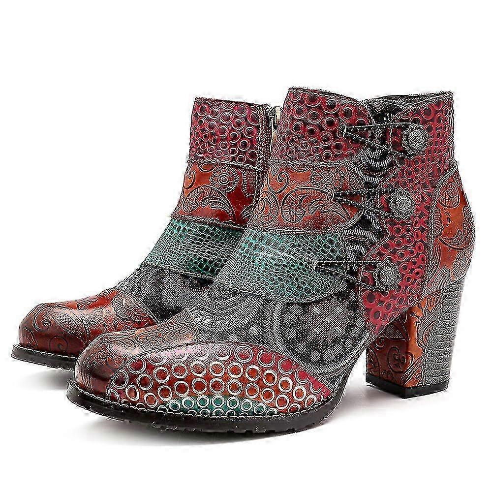 Splicing Pattern Button Zipper Ankle Leather Boots