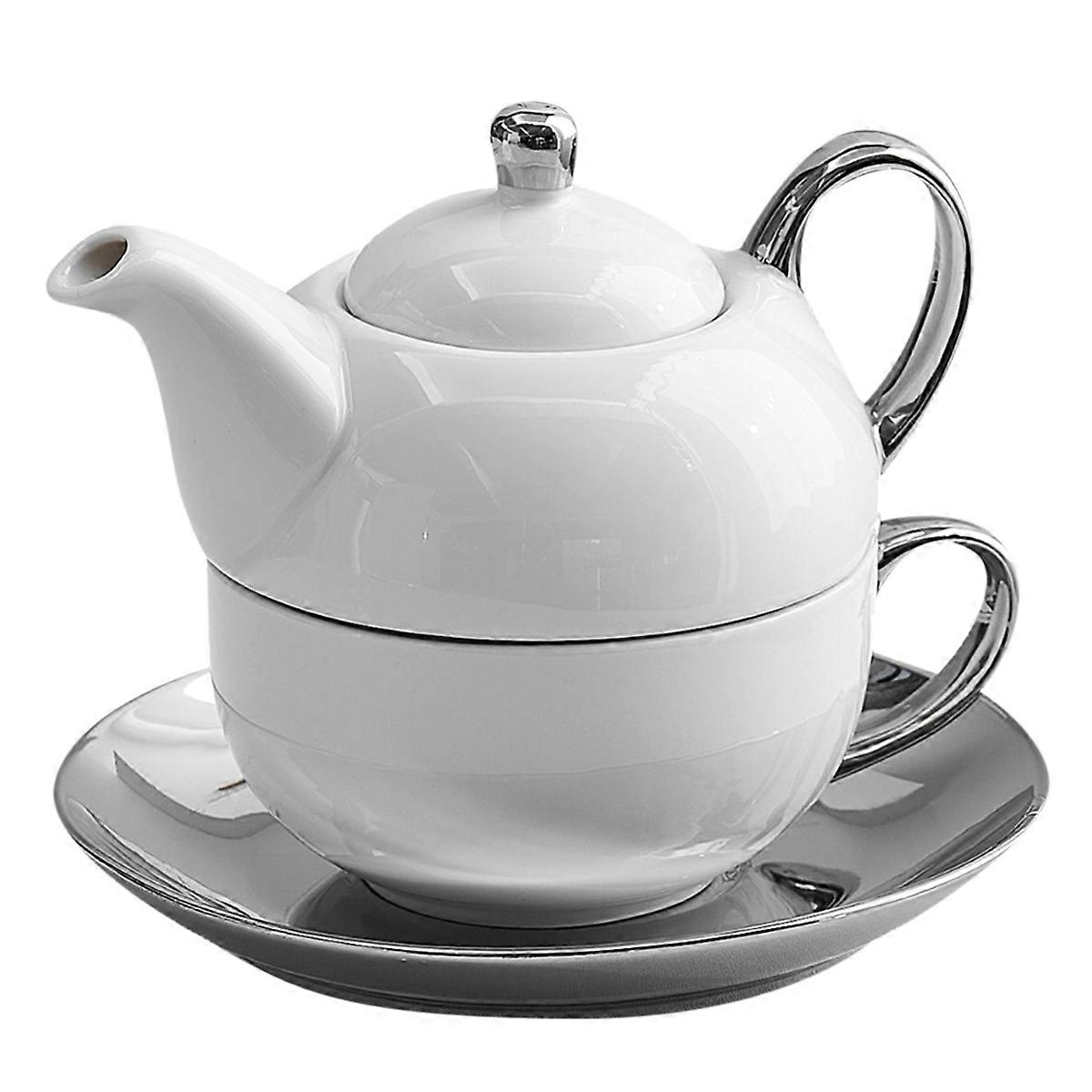 White Ceramic Tea for One Set with Handle, 450ml Teapot & 350ml Coffee Cup with Saucer