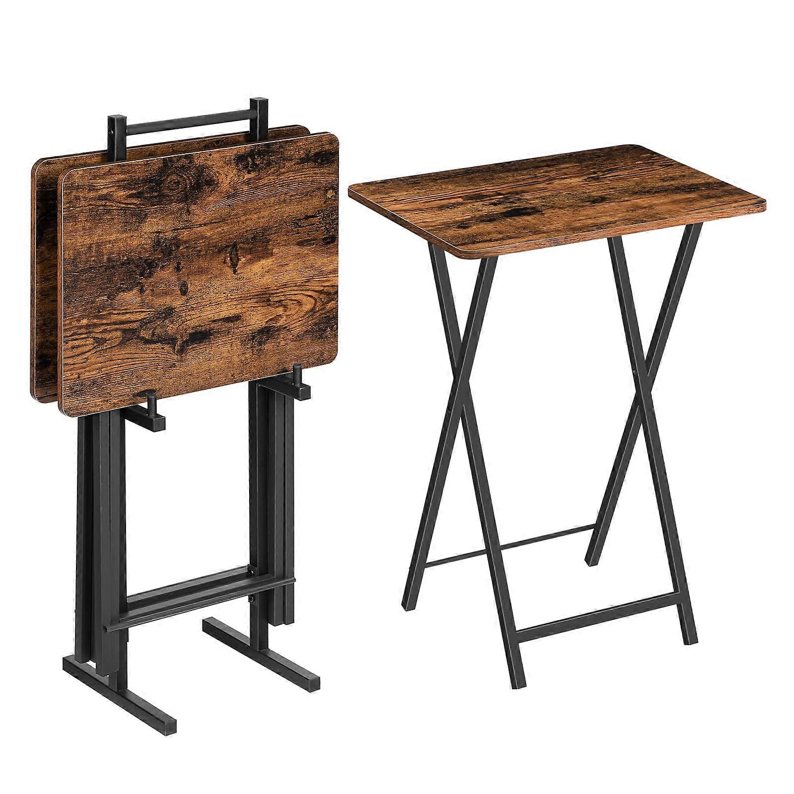 Folding TV Tray Table Set of 4 with Stand, Rustic Brown SpaceSaving Sturdy Metal Frame