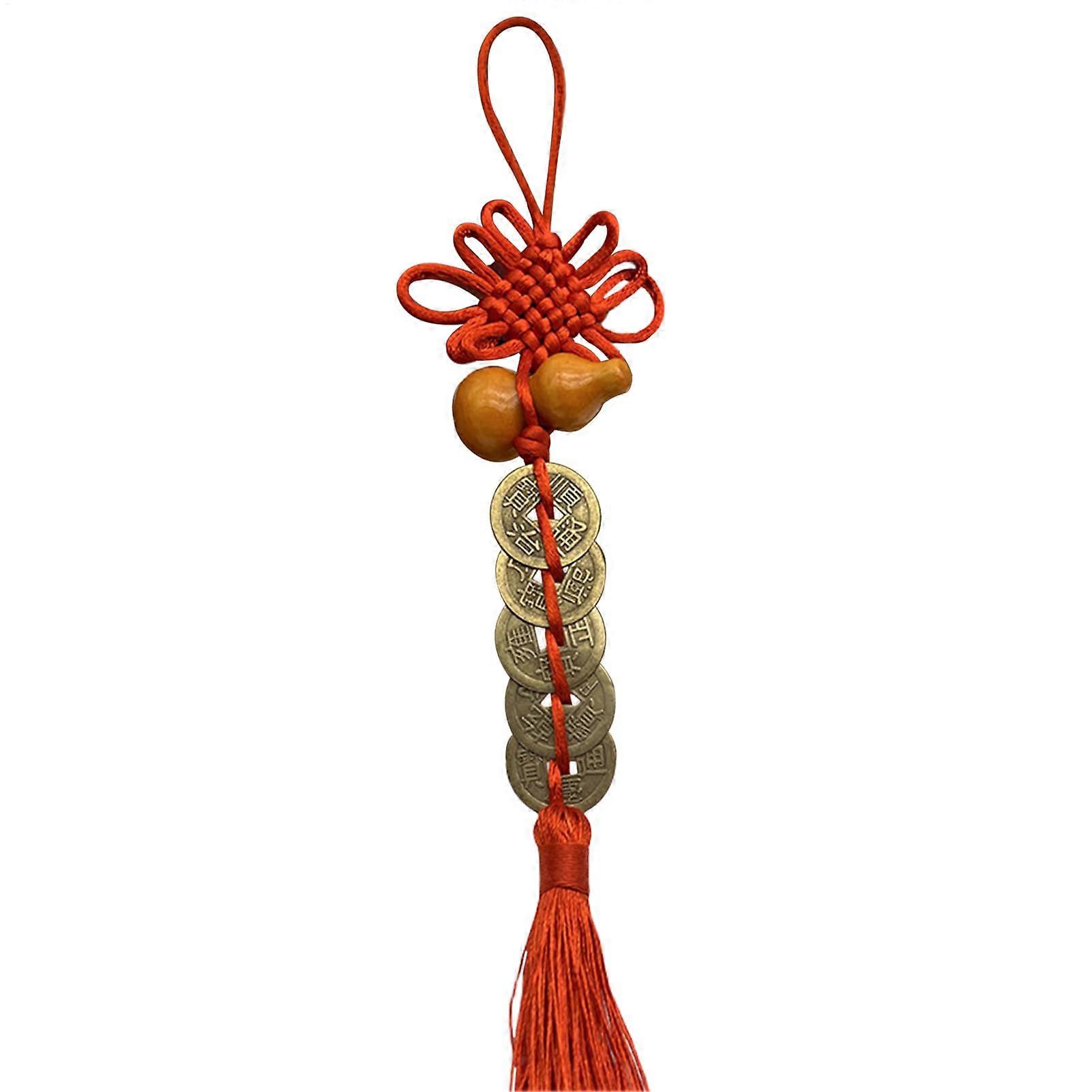 Chinese Knot Ornament Tassel with Five Emperor Coins and Copper Gourd Feng Shui Wealth Charm for Prosperity