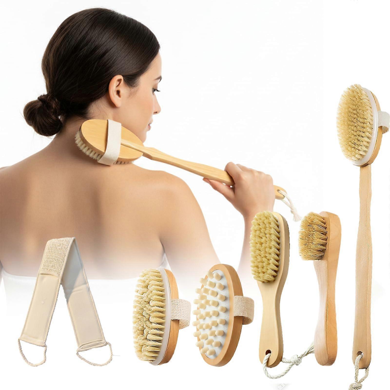Dry Brushing Body Brush Set with 15.7' Bamboo Handle, DualSided Exfoliating Back Scrubber