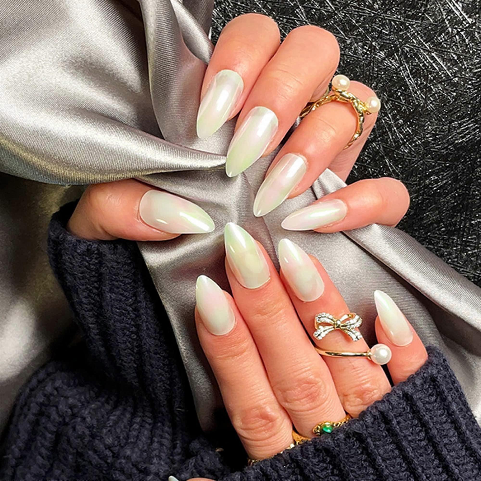 Press On Nails Almond Shape Glossy Solid Color Reusable Acrylic False Nails Set 24pcs