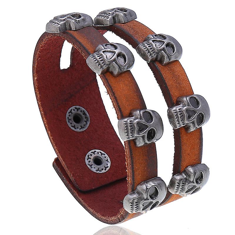 Double-row Skull Leather Bracelet -  Double-row Skull Makes Old Cowhide Bracelet -  Double-row Skull Male Cowhide Bracelet